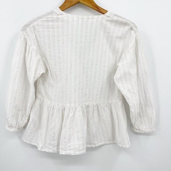 Madewell Bubble-Sleeve Peplum Top Metallic Stripe Faux Wrap Blouse - Picture 5 of 8